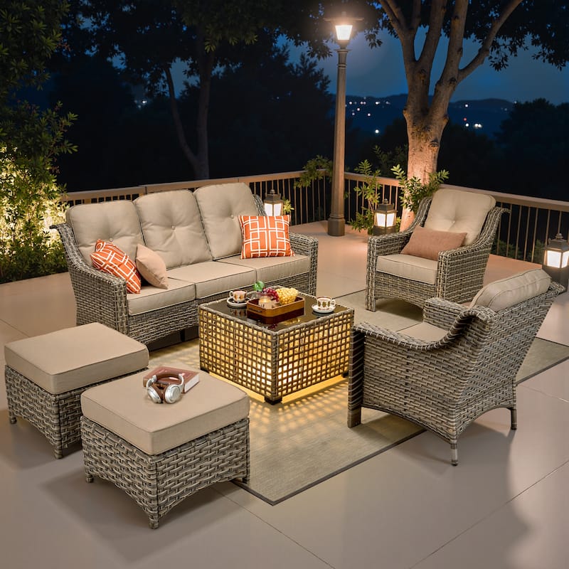 OVIOS 6 Pieces Outdoor Wicker Set With Solar-Powered Table - Beige