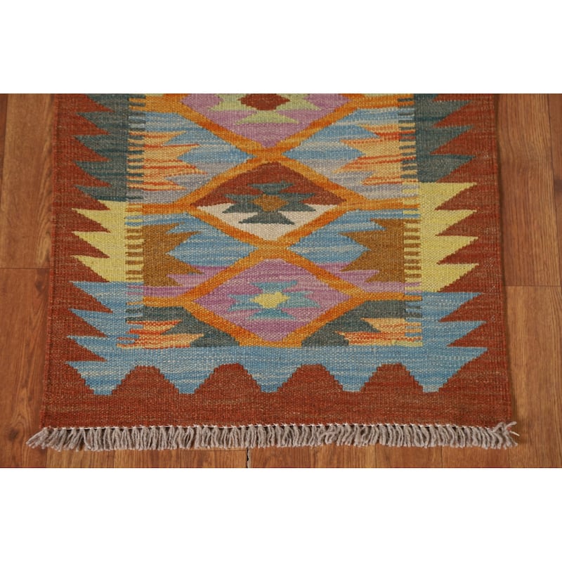 Geometric Kilim Reversible Runner Rug Flatweave Wool Carpet - 2'0"x 6'8"