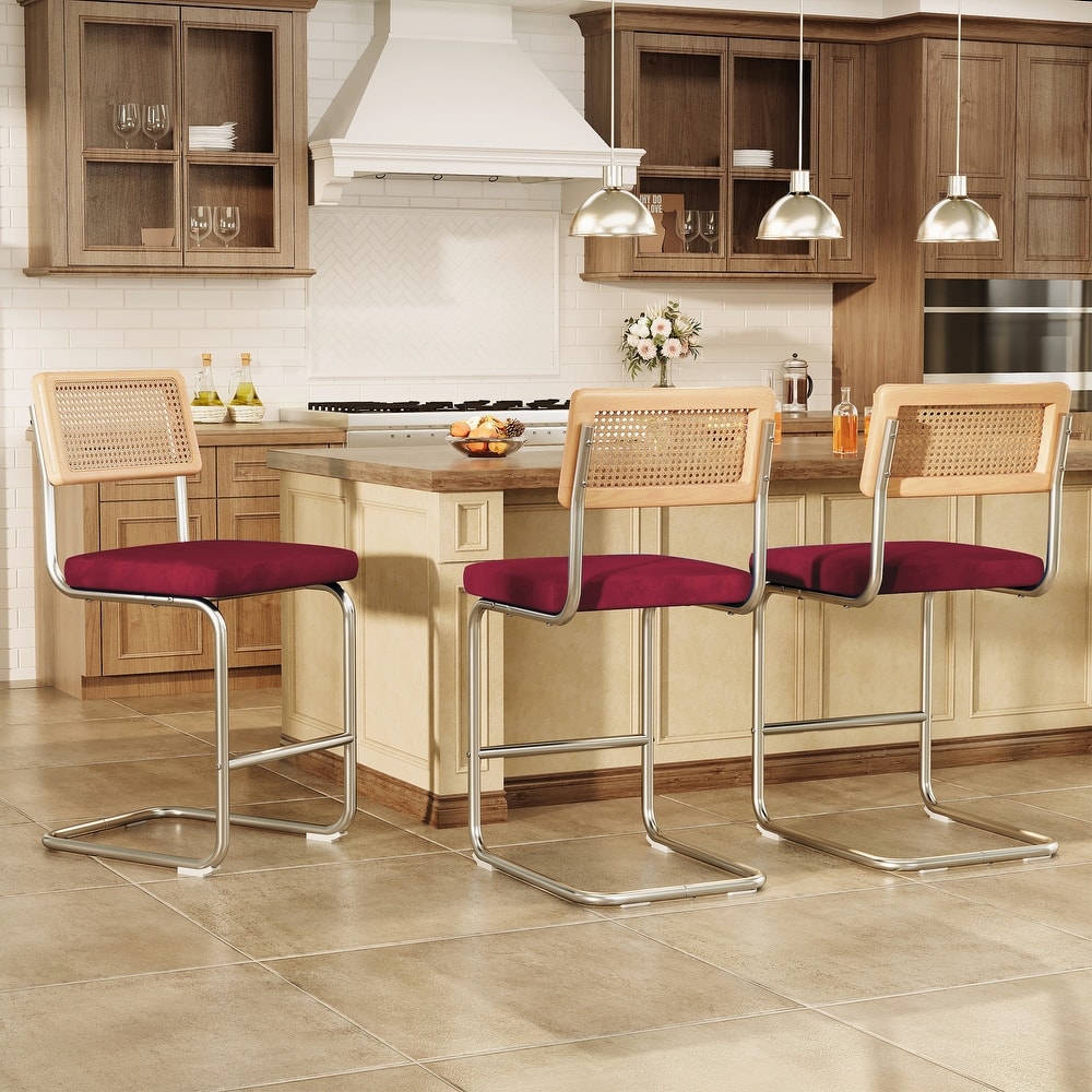 Set of 3 Counter Height Bar Stools with Woven Rattan Back and Footrest for Kitchen Island - 26" H
