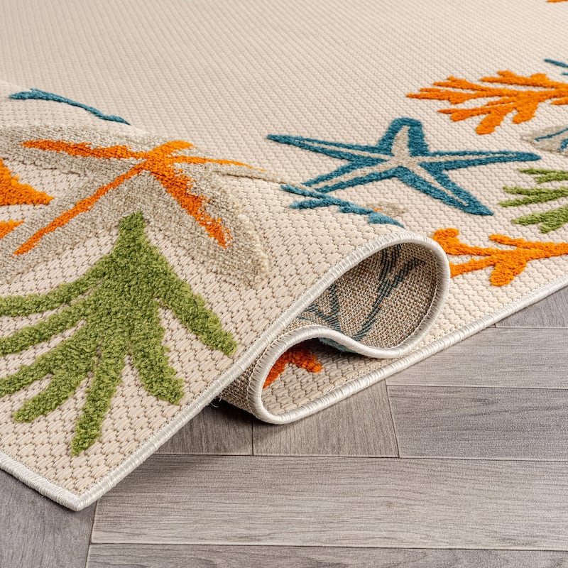 World Rug Gallery Indoor/Outdoor High-Low Textured Area Rug, Coastal Border Easy-Clean Patio Rug