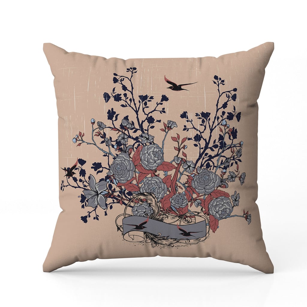 Elegant Floral Bouquet Faux Suede Reversible Throw Pillow Gray and Almond