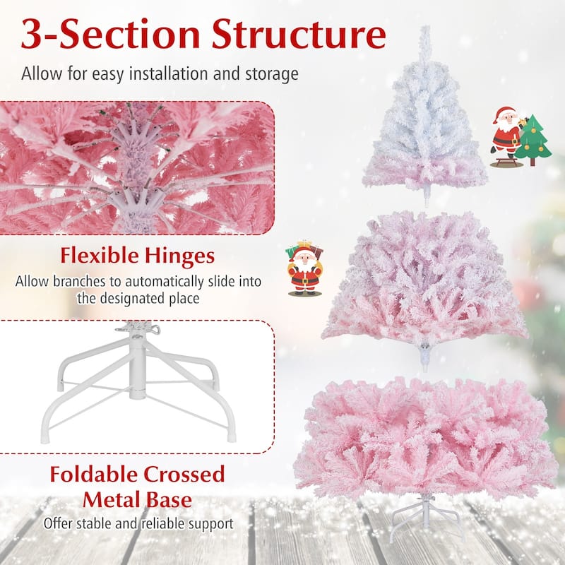 Gymax Artificial Christmas Tree Hinged Snow Flocked Xmas Tree w/ Lush - Pink, White
