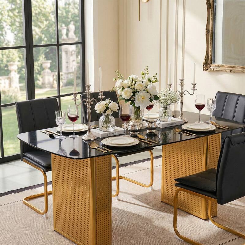 Modern Marble-Patterned Tempered Glass Dining Table, Rectangular Kitchen Table with Dual-Pedestal Metal Base