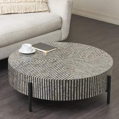 Mother of Pearl Shell Geometric Coffee or Accent Table with Black or Bronze Metal Legs - Neutral, Black or Multicolored Mosaic