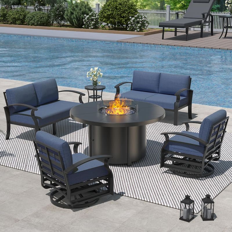 Patio Aluminum Sofa with Armrests, Outdoor Conversation Set with Round Fire Pit Table 5inch Thick Seat Cushions - 6Seats w/Swivel - Navy Blue