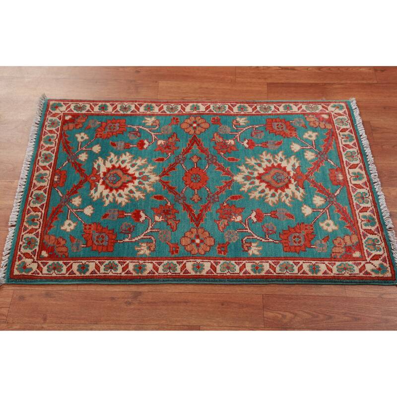 Traditional Kazak Oriental Foyer Rug Hand-Knotted Blue Wool Carpet - 2'0"x 3'0" - 2'0"x 3'0" - Blue