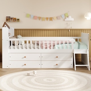 Twin Size Platform Bed Frame with 4 Storage Drawers & Guardrail Headboard for Bedroom, Wooden Kids Storage Bed with Ladder