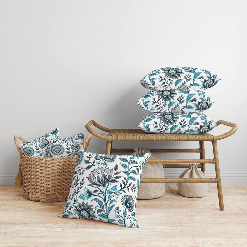 Sanganeri Block Print Faux Suede Reversible Throw Pillow Grey and Turquoise
