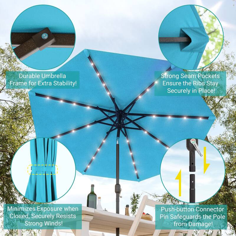 BONOSUKI Patio 9Ft LED Market Umbrellas With Solar Lights, Table Umbrella for Patio and Outdoor With Tilt Button
