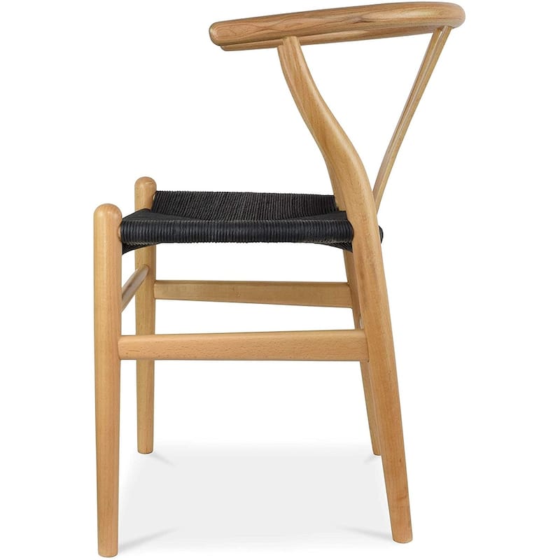 Woven Wood Armchair with Arms Open Y Back Mid Century Modern Office Dining Chairs Black Seat Kitchen Bedroom Organic Rattan