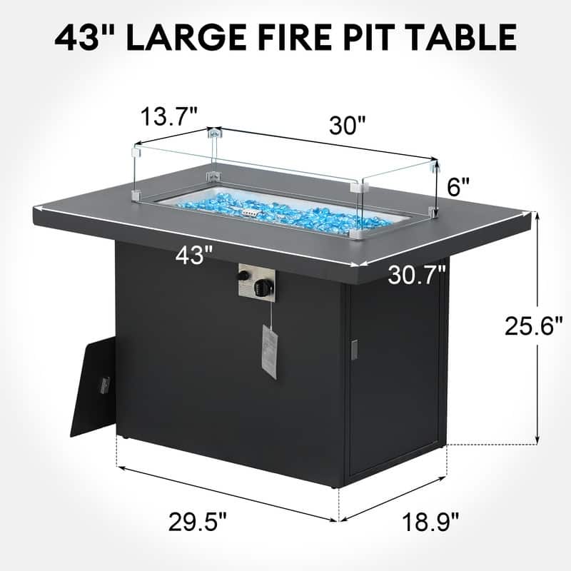 FINCATI Outdoor Aluminum 43" Propane Fire Pit Table, Dual-fuel, CSA-certified 60,000 BTU Royal Modern Rectangular Fire Pit