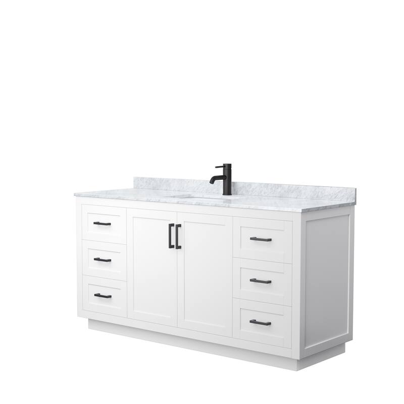 Miranda Single Vanity Set, White Carrara Marble Top, No Mirror - 66-Inch Single - White, Black Trim, White Carrara Marble Top