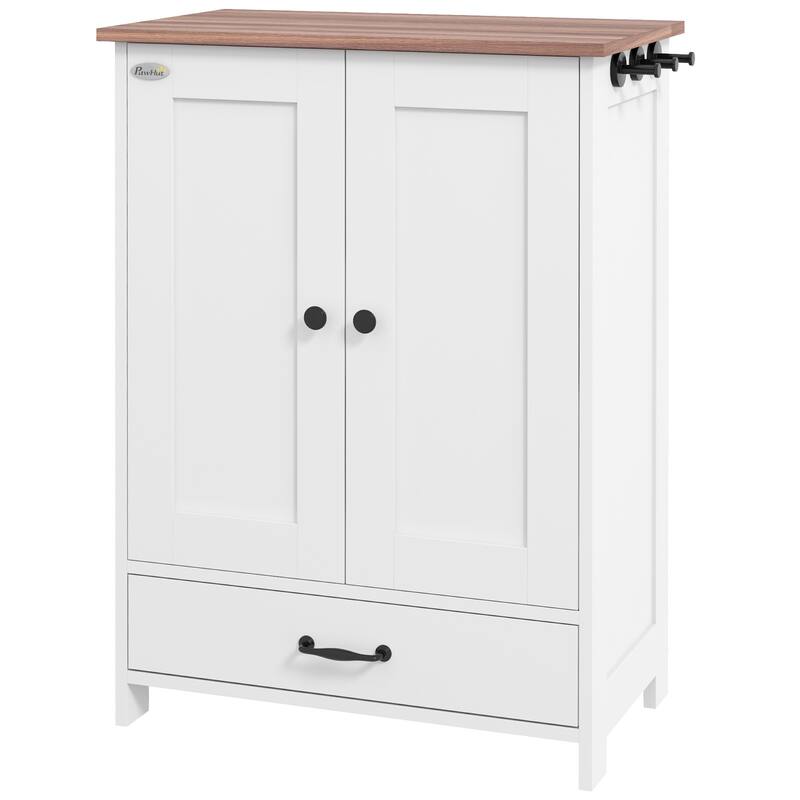 Dog Feeding Station, Dog Food Storage Cabinet with Hidden Dog Bowls, Adjustable Panel, Hooks for Medium Sized Dogs, White