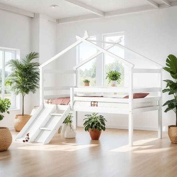 slide 2 of 21, Elegant Twin Low Loft House Bed with Slide, Ladder, Safety Guardrails and House Roof Frame, Space for Entertainment, White White