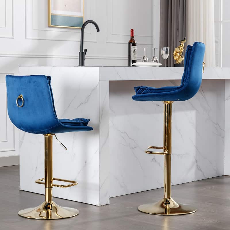 Set of 2 Adjustable Swivel Bar Stools, Blue Velvet with Chrome Footrest & Gold Legs