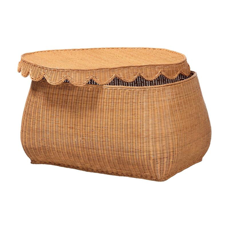 Ayleen Natural Rattan Basket Set with Scalloped Lids - Handwoven Wicker Storage Boxes, Boho Coastal Home Décor, 3-Piece Set