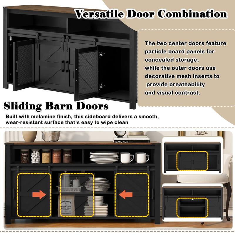 59.3" Farmhouse Sideboard with Sliding Barn Doors & Mesh Panels, Buffet Cabinet with Open Storage for Kitchen or Living Room