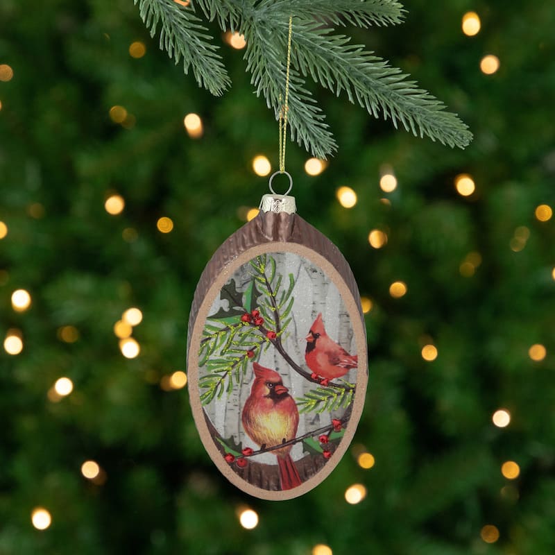 Cardinal Glass Plate with Tree Bark Designed Christmas Ornament - 6" - Brown