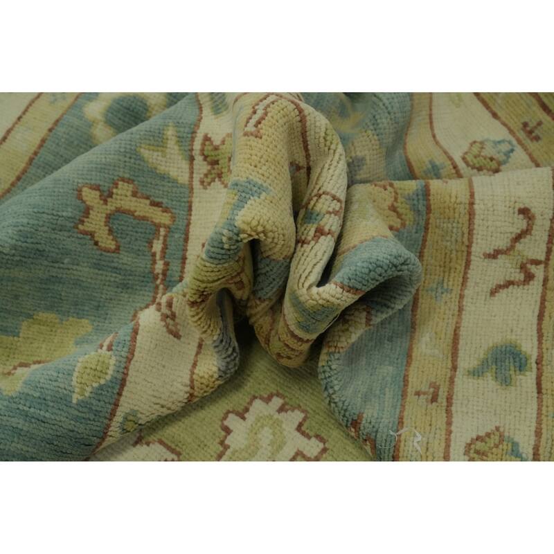 Vegetable Dye Green Oushak Turkish Large Rug, Medallion Geometric Carpet - 14' 1'' X 10' 0''