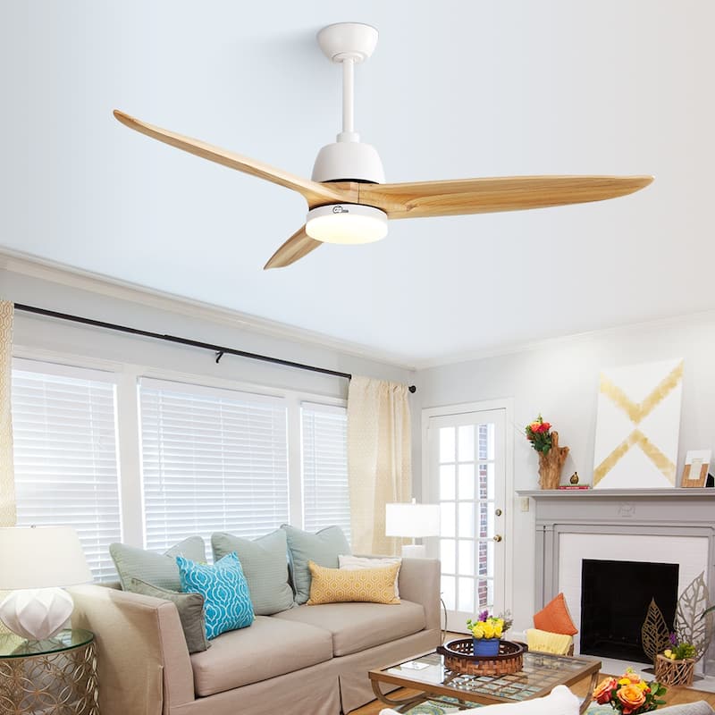 56 inch Wood Ceiling Fan Indoor w/Light and Remote Control 3 Wood Blades Bedroom - Blades Span 56 Inches - White with Burlywood Blades