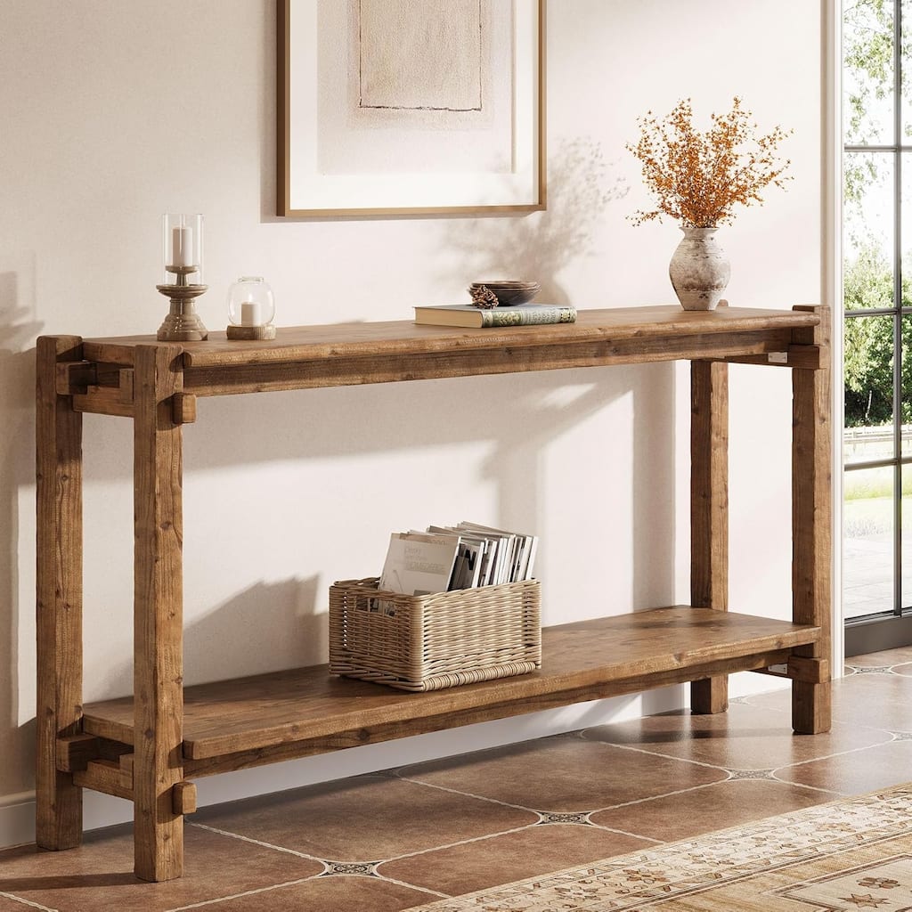 2-Tier Farmhouse Entryway Table, 63-Inch Solid Wood Console Table