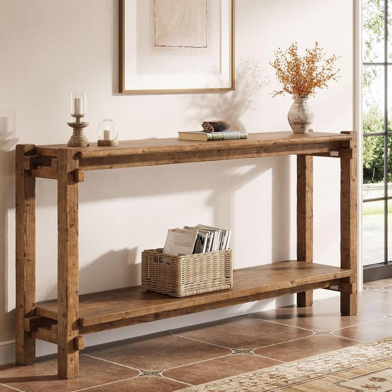 63-Inch Solid Wood Console Table, 2-Tier Farmhouse Entryway Table with Storage