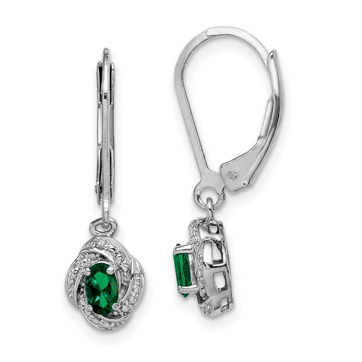 Curata 925 Sterling Silver 26x7mm Diamond and Created Emerald Leverback Earrings