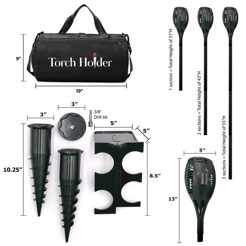 Solar Torch Kit with Ground Spikes, Wall Holder and Duffle Bag - 31"43"55"