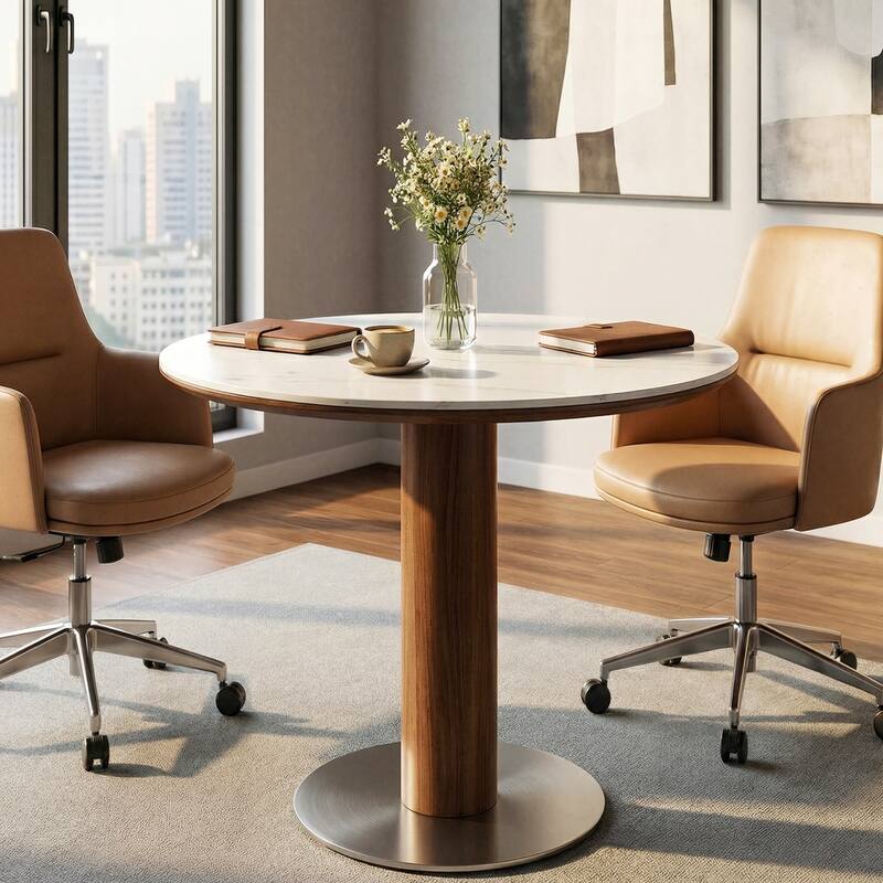 31.5 Inch Round Conference Table for 2-4, Office Meeting Table with Thicken Sintered Stone Tabletop - 31.5" Dia. x 29.53" H