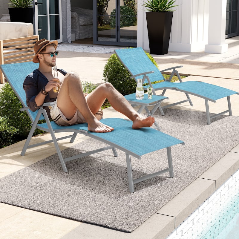 3-Pieces Outdoor Chaise Lounge Set Aluminum Adjustable Foldable Chaise Lounge Chairs and Side Table