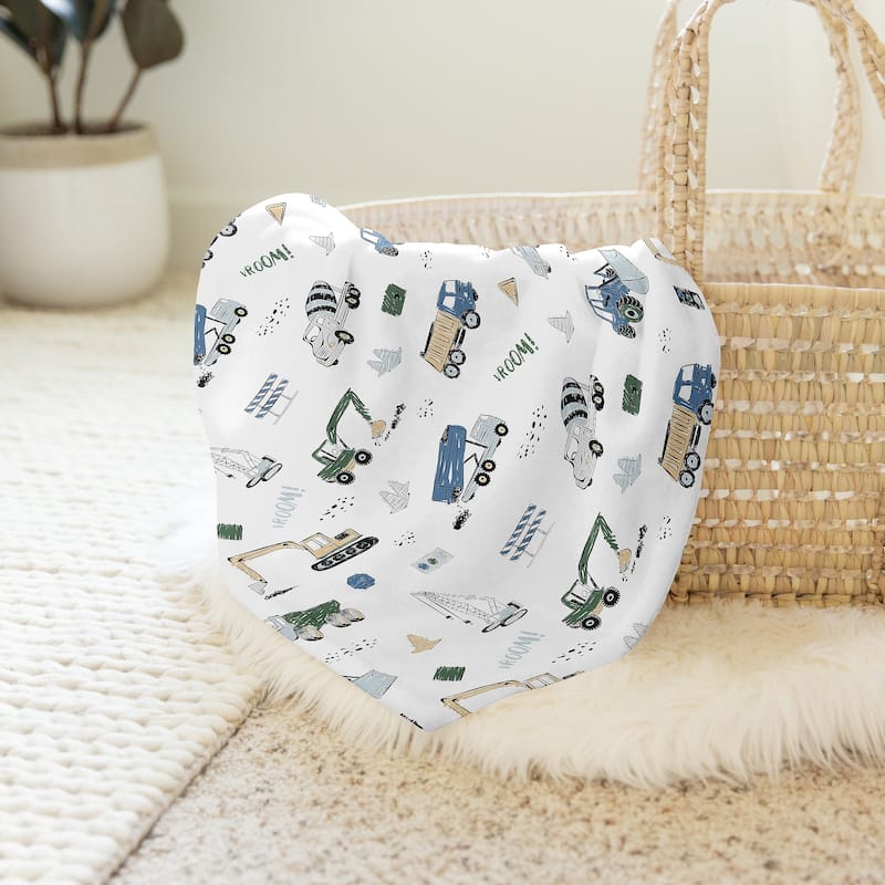 Sweet Jojo Designs Construction Truck Boy Baby Swaddle Receiving Blanket Grey Blue Green Transportation Vehicle Yellow and Black