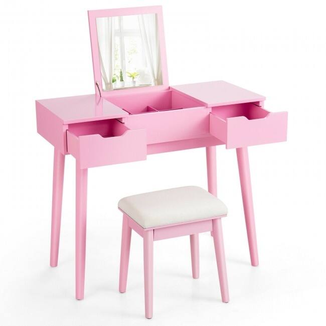 Makeup Vanity Table Set with Flip Top Mirror and 2 Drawers - 35.5" x 16" x 30" (L x W x H) - Pink