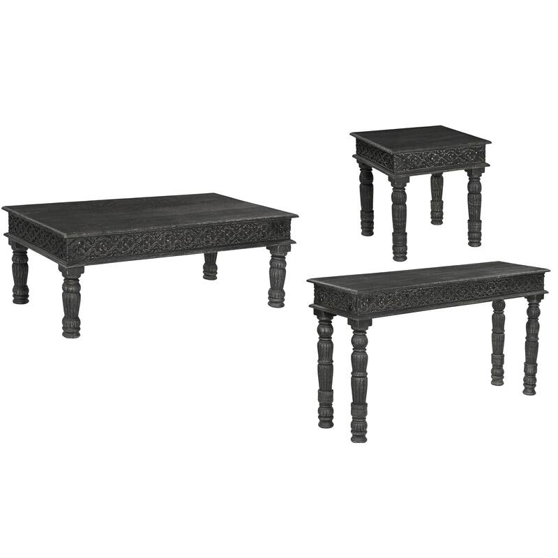 Milton Solid Wood 3-Piece Carved Living Room Table Set - Black