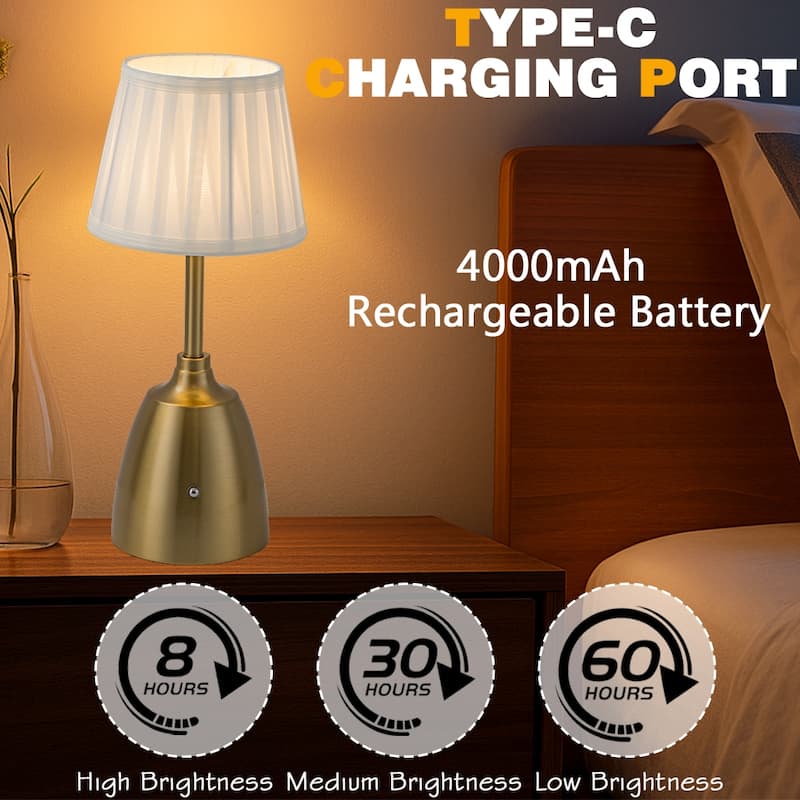 Classic Rechargeable LED Table Lamp with Fabric Shade Touch Control USB Cordless Nightstand Light for Nightstand Room - W6.3‘’