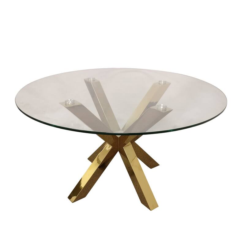 HomeRoots 54" Clear and Gold Glass and Metal Cross Leg Base Round Top Dining Table - 54.00 in. x 30.00 in. x 54.00 in.