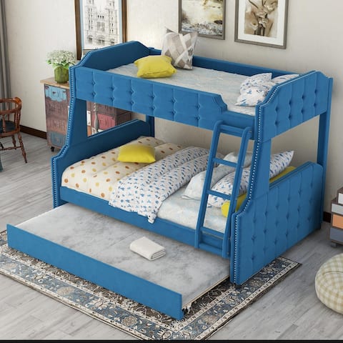 Tufted Button Twin over Full Upholstered Bunk Bed with Trundle&Ladder