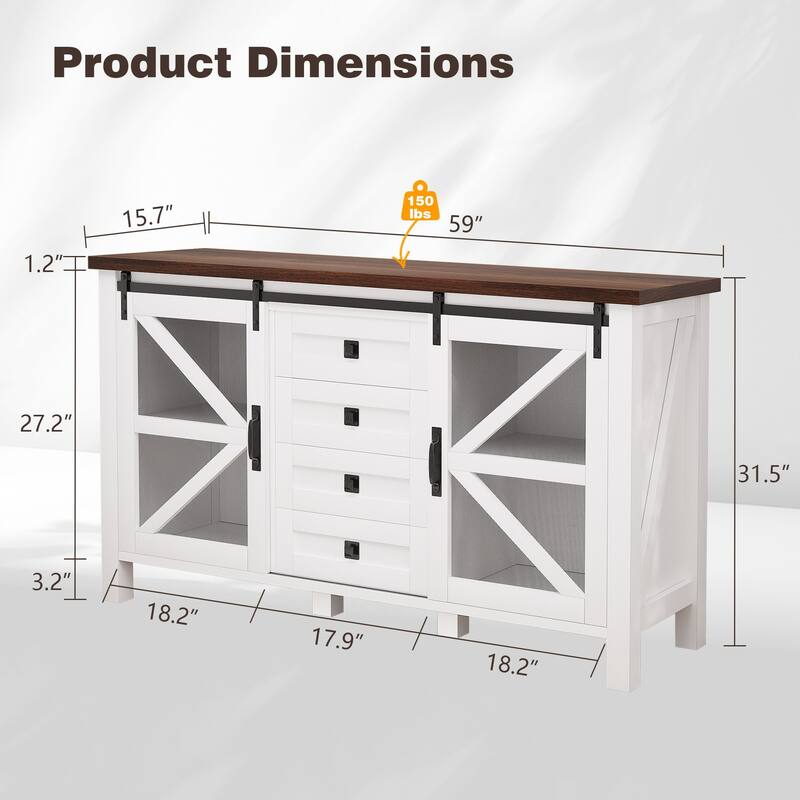 Gymojoy Farmhouse Buffet Cabinet with Barn Doors, 4 Drawers, for Kitchen, Dining Room, Living Room Storage