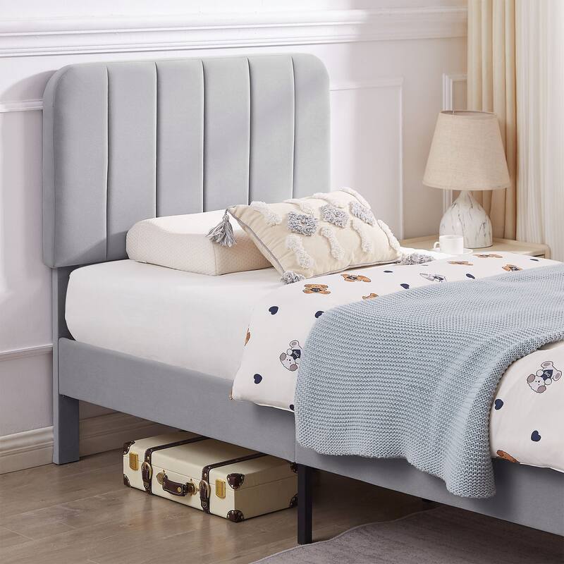 Kids Bed Frame, Height Adjustable Upholstered Bed, Twin Size Bed Set of 2
