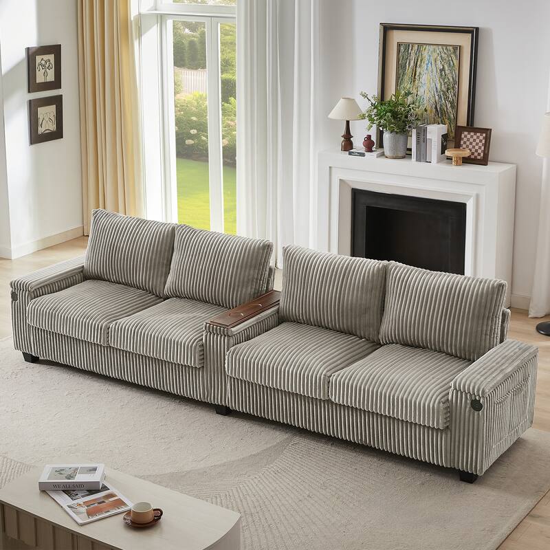 133-In Corduroy Sectional Sofa with USB Ports, Hidden Storage Arms, Flip-Top Cup Holders