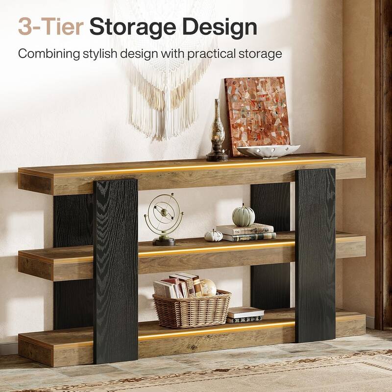 63-Inch Long Console Table, 3-Tier Entryway Table with Storage, Farmhouse Wood Behind Couch Tables