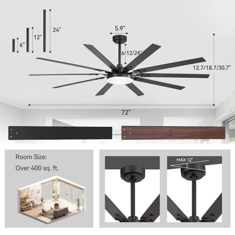 Large 84"/72" Reversible 10-Blade Integrated Ceiling Fan with LED Light Kit and Remote