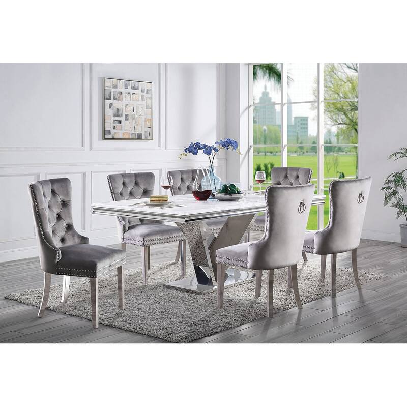 7pc Glam Chrome Finish Dining Set Upholstered Chairs and Table - 7-Piece Set