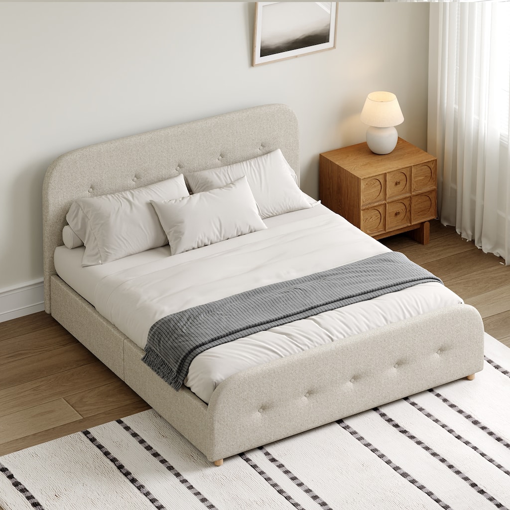 King Size Beige Linen Upholstered Platform Bed Tall Tufted Headboard & High Footboard Minimalist Storage Bed Frame w/Drawers