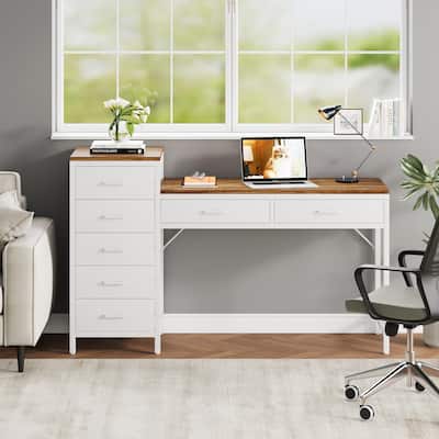Computer Desk with 7 Drawers, 55 inch Home Office Desks with Reversible Drawer