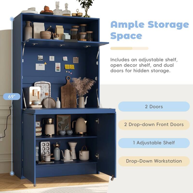 69"Tall Kitchen Pantry with Hutch, Multifunctional Storage Cabinet with Adjustable Shelf and Power Outlet