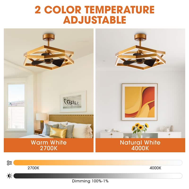 31" Antique Brass Geometric Dimmable Fandelier Caged Ceiling Fan with Light and Remote
