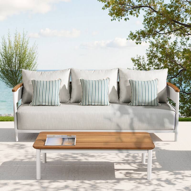 Rhodes Upholstered Teak & Aluminum Outdoor Patio Conversation Set - Sofa and Coffee Table - Birch Gray Chenille