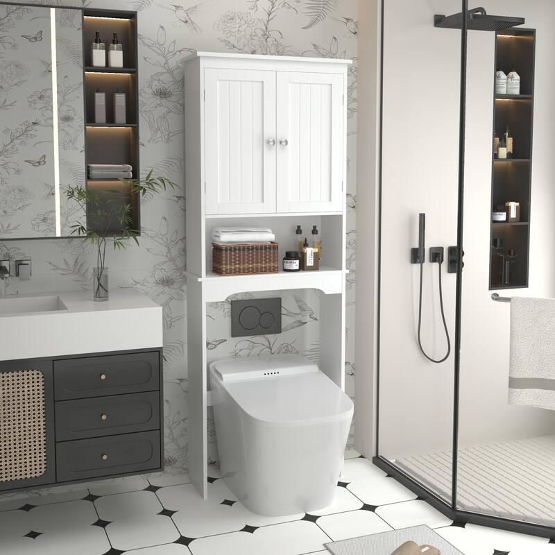 Anmytek White Over Toilet Storage Cabinet Bathroom Organizer with Shelves Space Saving Cabinet Organizer - White