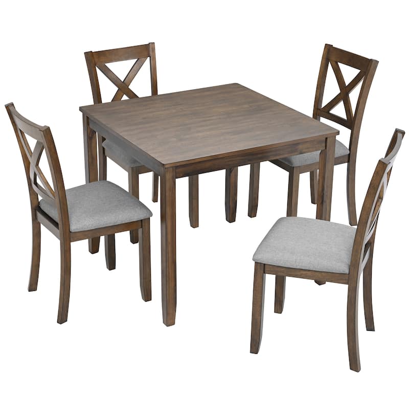 GDFStudio - Dunmore 5-Piece Farmhouse Wooden Square Dining Table Set with 4 Wooden Upholstered Dining Chairs