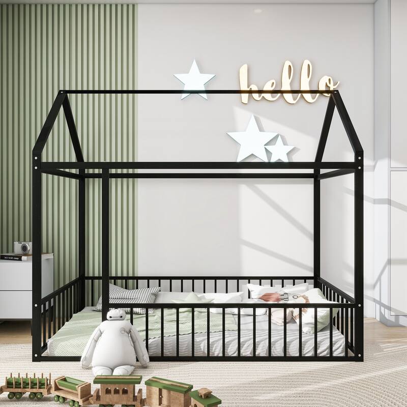 Twin Size Metal Bed House Bed Frame with Fence, for Kids, Teens, Girls, Boys
